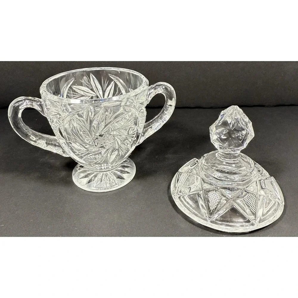Ofnah Poland 24% Lead Crystal Creamer Sugar Bowl w/ Lid & Tray Pinwheel‎ Star Of